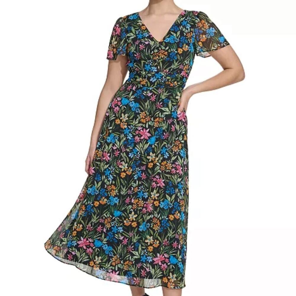 Kensie Blossoms Floral Print V-Neck Short Sleeve A-Line Dress size Zero